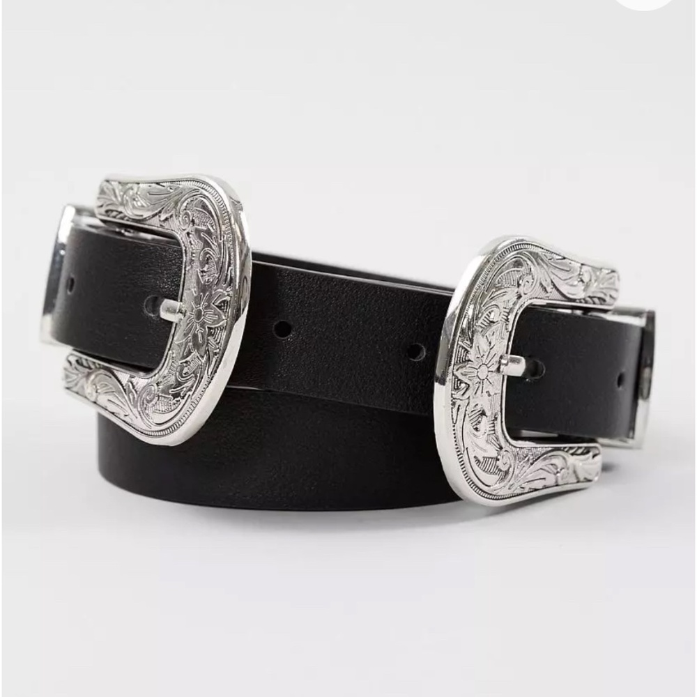 bke double buckle black leather belt with silver hardware, size large